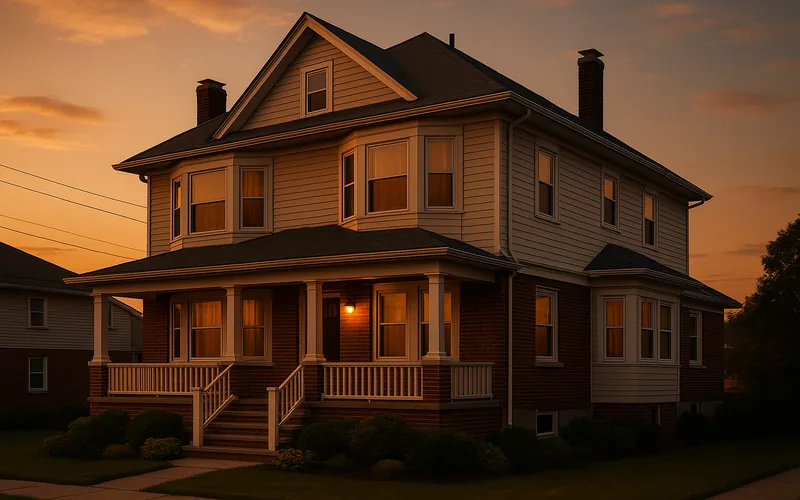 A well-kept Hudson County two-family home at golden hour