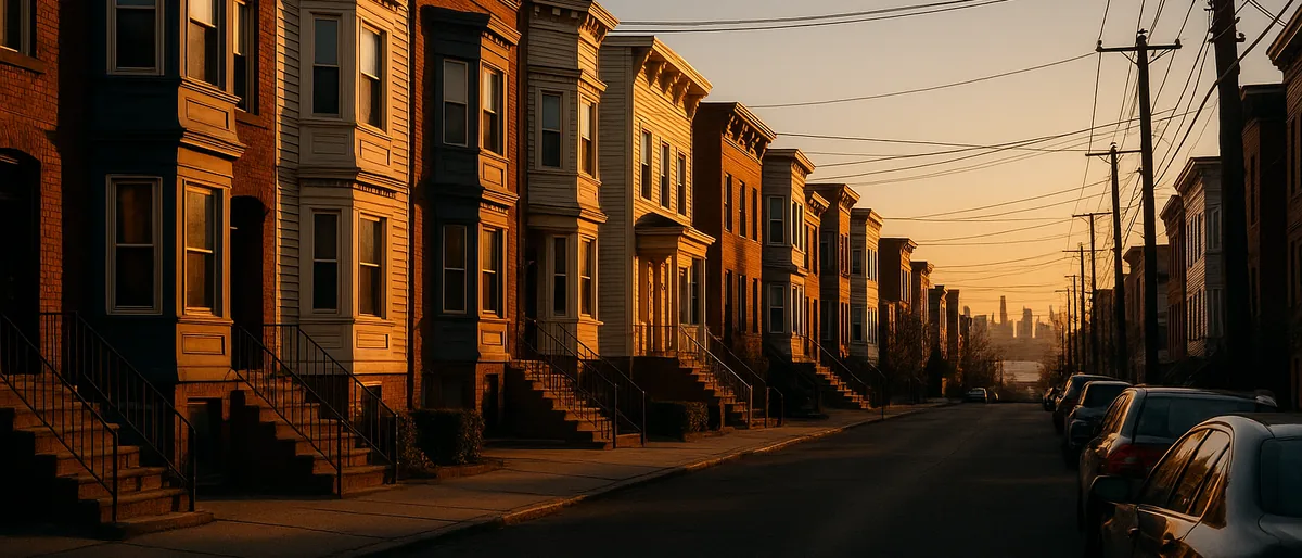 Classic Hudson County two-family homes on a quiet residential street at golden hour